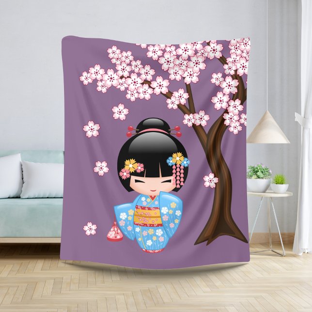 Manta Sherpa Muñeca Maiko Kokeshi - Chica Geisha de Kimono Azul (Subido por el creador)