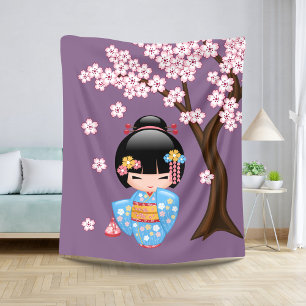 Manta Sherpa Muñeca Maiko Kokeshi - Niña Geisha de Kimono Azul