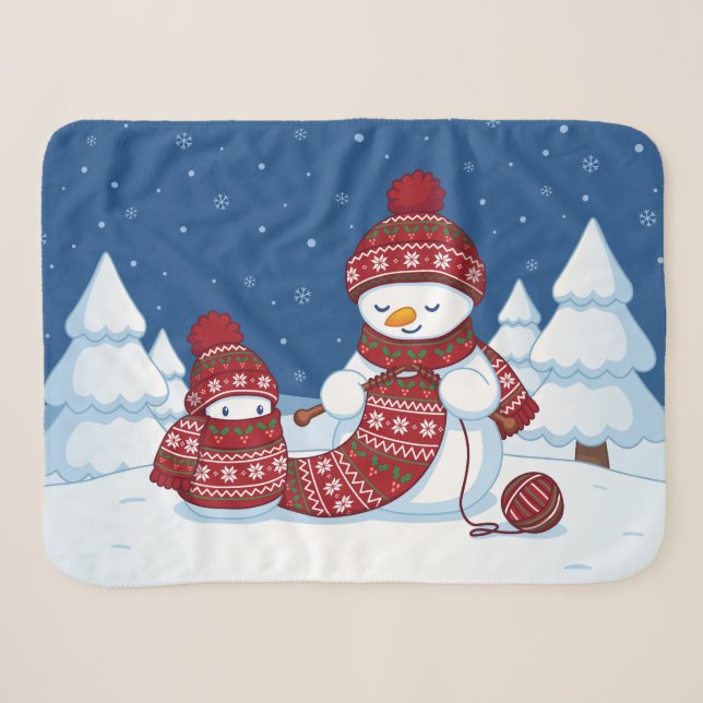 Manta Sherpa Muñeco de nieve tejiendo bufanda de Navidad (Anverso (horizontal))