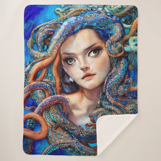 Manta Sherpa Mystic Blue Octopus Swirls | Fantasy Goddesart Art (Anverso)