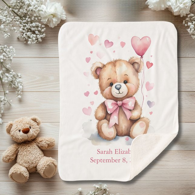 Manta Sherpa Nacimiento Estadísticas Teddy Oso Pink Bow Hearts  (Teddy Bear with Pink bow and hearts baby girl Sherpa Baby Blanket. Personalized with name birthday)
