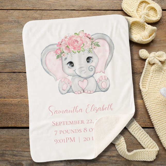 Manta Sherpa Nacimiento Stat Pink Baby Elephant Baby Girl Gift (Pink Elephant Sherpa Baby Blanket. Personalized with name and birth stats)