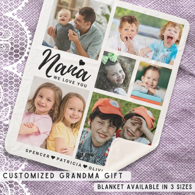 Manta Sherpa Nana We Love You Grandkids Denomina Collage de fot (Nana We Love You Grandkids Names Photo Collage Sherpa Blanket)