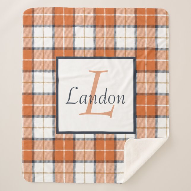 Manta Sherpa Naranja, Blue and White Tartán Plaid (Anverso)