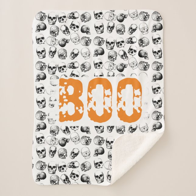Manta Sherpa Naranja Boo Halloween Spooky Skull Pattern (Anverso)