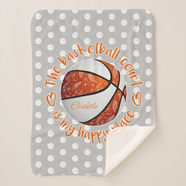 Manta Sherpa naranja de la cancha de baloncesto de boho blanco  (Anverso)