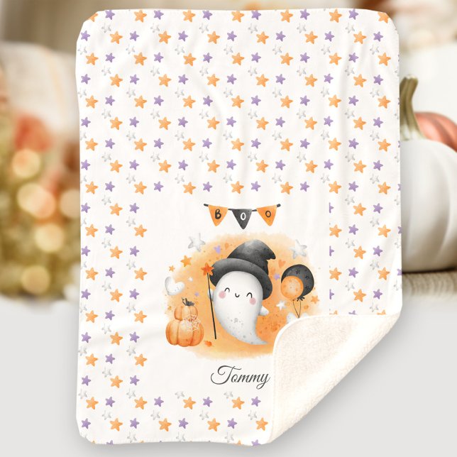 Manta Sherpa Naranja de nombre fantasma de boo de Halloween (Cute Halloween Boo Ghost Name Orange Sherpa Blanket)