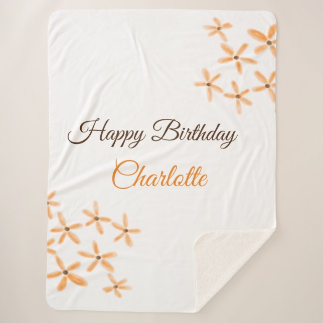 Manta Sherpa Naranja flor marrón feliz cumpleaños agregar nombr (Anverso)
