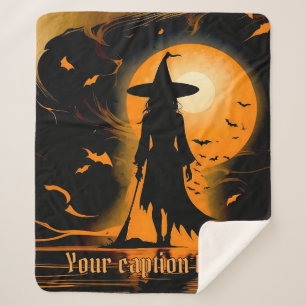 Manta Sherpa Naranja, negro, bruja de silueta, leyenda personal