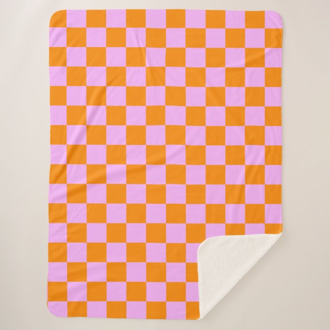 Manta Sherpa Naranja + Patrón de tablero de cheques rosados (Anverso)