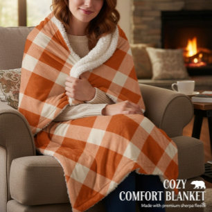 Manta Sherpa Naranja Rústico y Crema Plaid Bufalo Estilo Granja