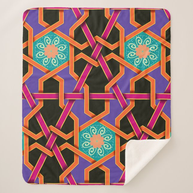 Manta Sherpa Naranja verde de flores y etnia geométrica púrpura (Anverso)