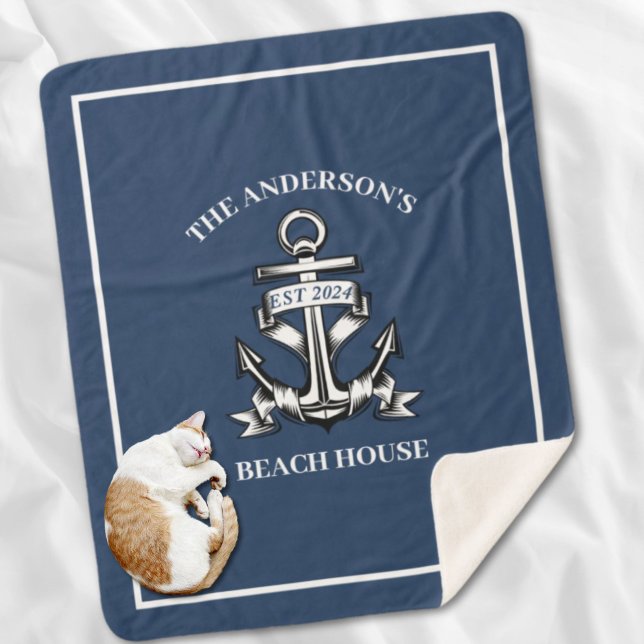 Manta Sherpa Nautical Beach House Nombre Familia Est Barco Ancl (Nautical Beach House Family Name Est Ship Anchor Sherpa Blanket)