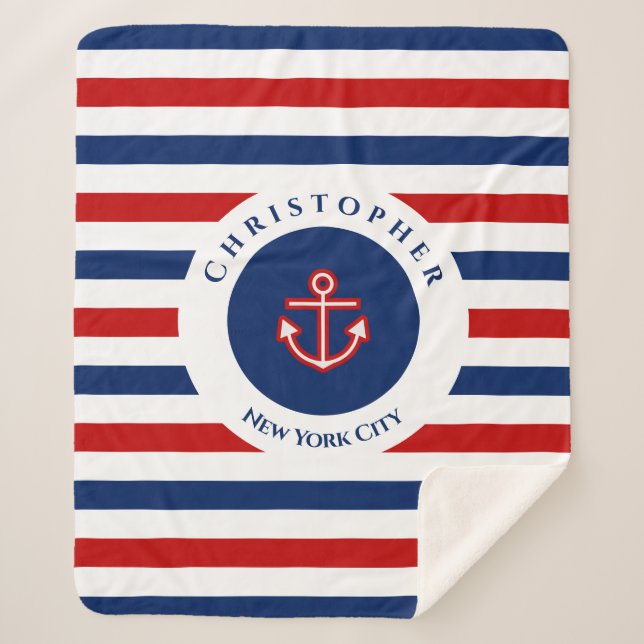 Manta Sherpa Nautical Marine Navy Blue Red White Stripes (Anverso)