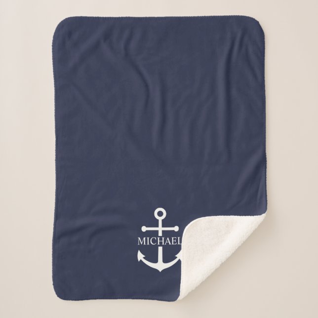 Manta Sherpa Nautical Navy Blue Anchor Nombre Personalizado (Anverso)