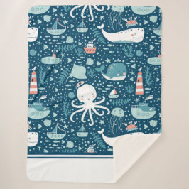 Manta Sherpa Nautical Ocean Pattern Boy, de la Marina, azul y b