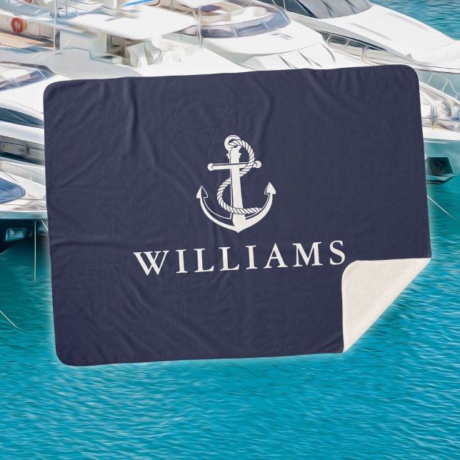 Manta Sherpa Nautical Ship Anchor Nombre personalizado Navy Azu (Nautical Ship Anchor Custom Name Navy Blue Sherpa Blanket)