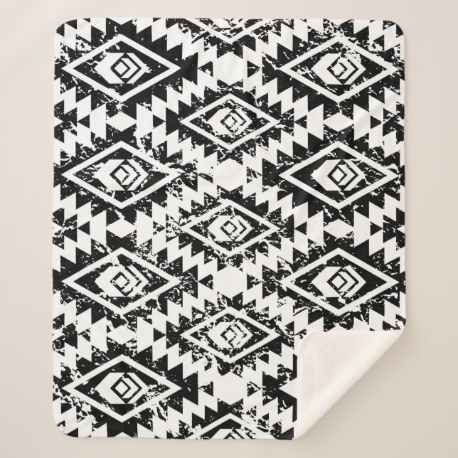 Manta Sherpa Navajo tribal: geométrico blanco negro. (Anverso)