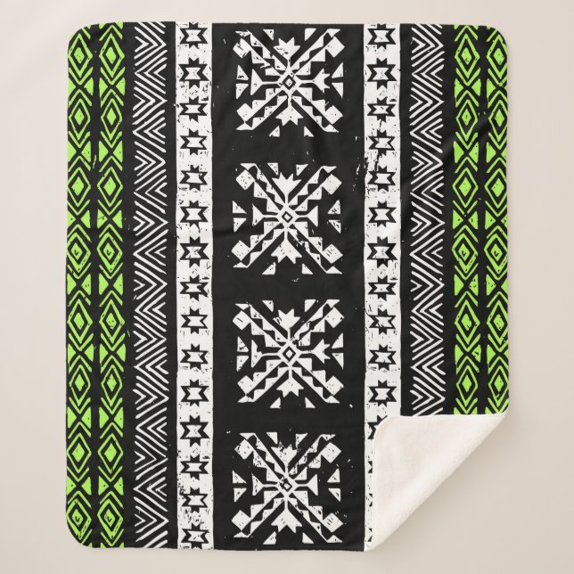 Manta Sherpa Navajo tribal, patrón verde blanco negro. (Anverso)