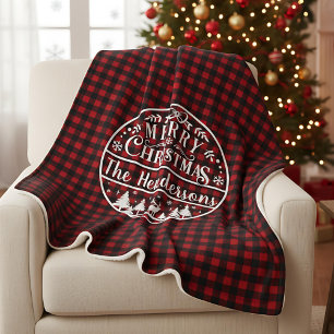 Manta Sherpa Navidad Alegre Personalizada a Cuadros Rojos y Neg