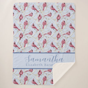 Manta Sherpa Navidades azules Cardinal Bird Nombre Personalizad