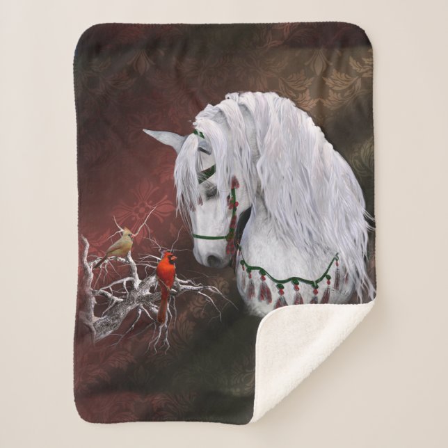 Manta Sherpa Navidades Caballos y cardenales Sherpa Blanket (Anverso)