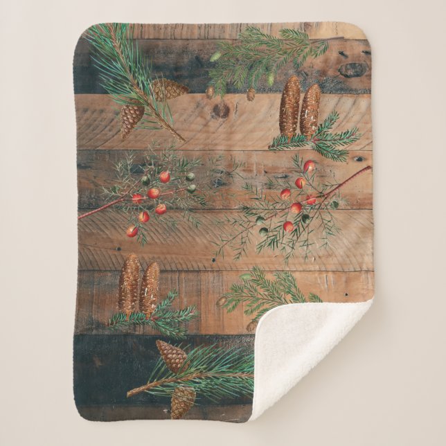 Manta Sherpa Navidades Coníferas Rústicas Pino Madera (Anverso)