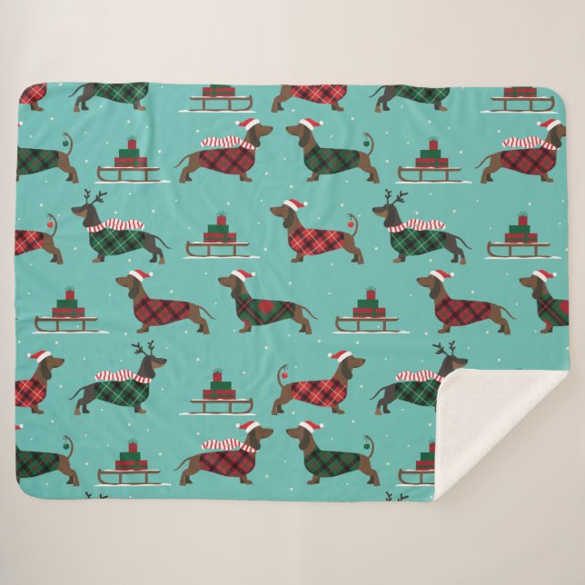 Manta Sherpa Navidades Dachshunds con suéter y Santa Hat (Anverso (horizontal))