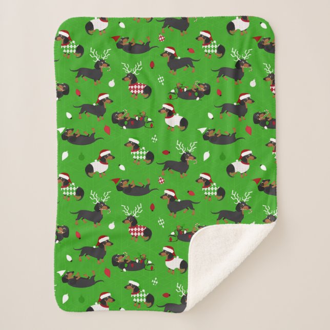 Manta Sherpa Navidades Dachshunds Green (Anverso)