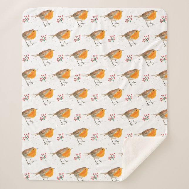 Manta Sherpa Navidades de acuarela del patrón Robin de invierno (Anverso)