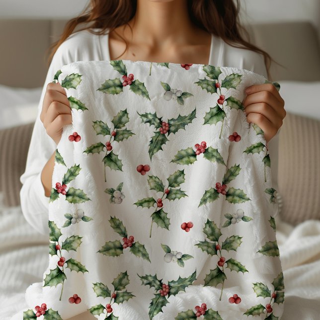 Manta Sherpa Navidades de Holly Monogrammed (Holly Christmas Sherpa Blanket)