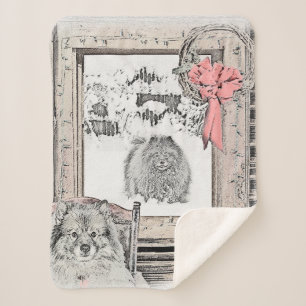 Manta Sherpa Navidades de Keeshond Ventana de Invierno Pintura