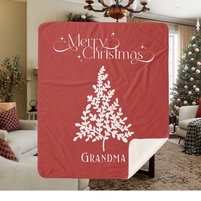 Manta Sherpa Navidades de la abuela cubren el blanco rojo con s (Grandma Christmas Blanket Red White with Name)