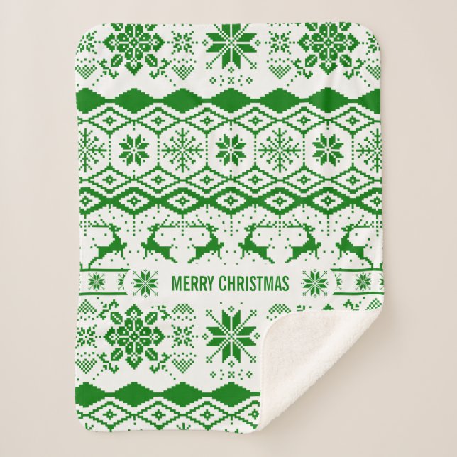 Manta Sherpa Navidades de renos verdes de punto (Anverso)