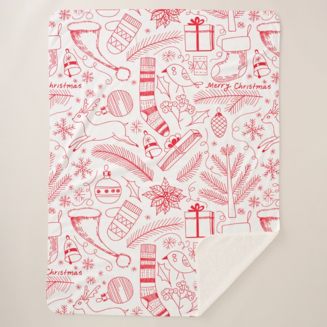Manta Sherpa Navidades Doodle patrón rojo (Anverso)