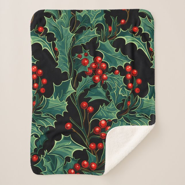 Manta Sherpa Navidades Holly Branches y Berries (Anverso)