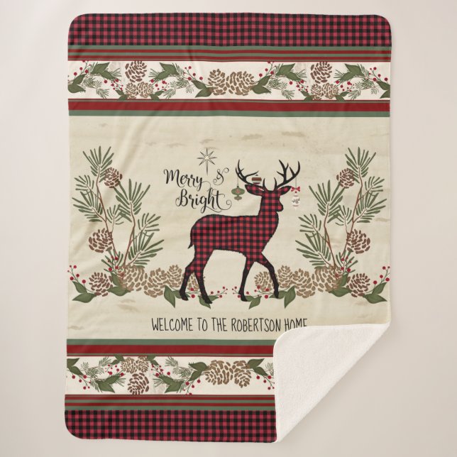 Manta Sherpa Navidades Lodge Merry Bright Deer Buffalo Plaid (Anverso)