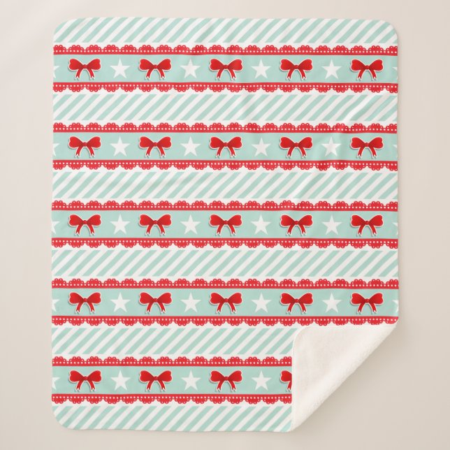 Manta Sherpa Navidades Mint Stripes Red Bows Stars (Anverso)