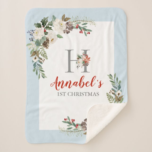 Manta Sherpa Navidades monograma floral de flor (Anverso)