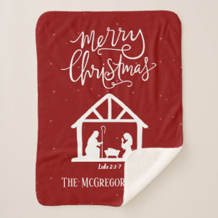 Manta Sherpa Navidades Natividad Roja con nombre de familia de