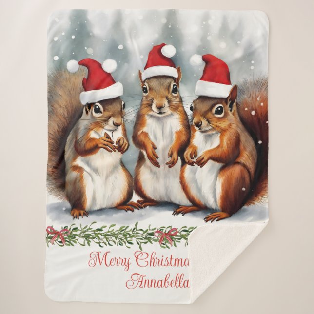 Manta Sherpa Navidades personalizados de la familia Squirrel (Anverso)