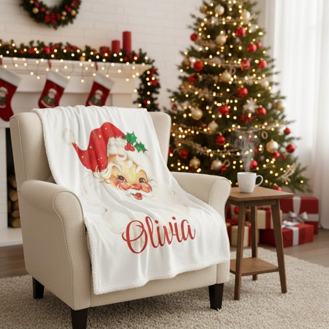 Manta Sherpa navidades Personalizados del Viaje Retro Santa Cla (1950s Vintage Retro Santa Claus Custom Christmas Sherpa Blanket)