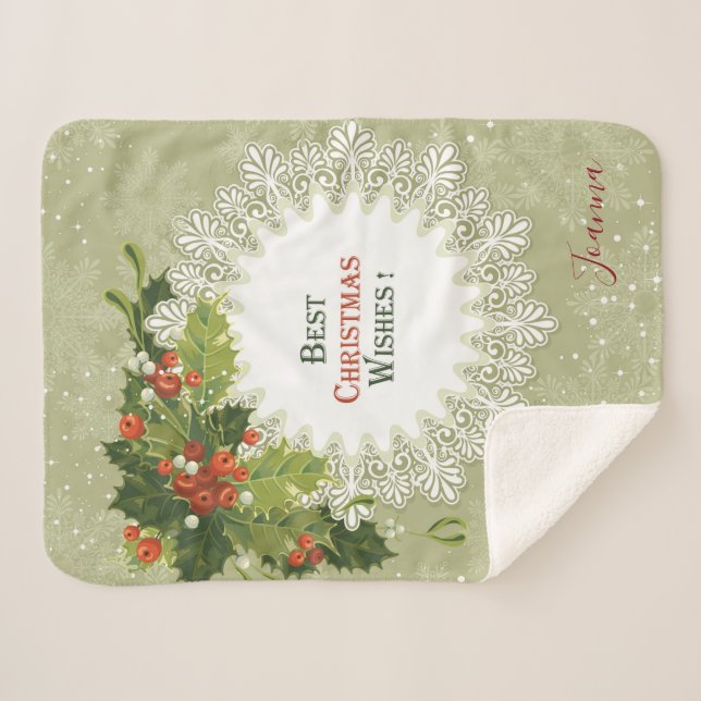 Manta Sherpa Navidades Red Berries Green Wreath White Snowflake (Anverso (horizontal))