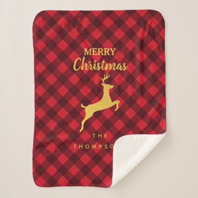 Manta Sherpa Navidades Red Black Buffalo Plaid Deer (Anverso)