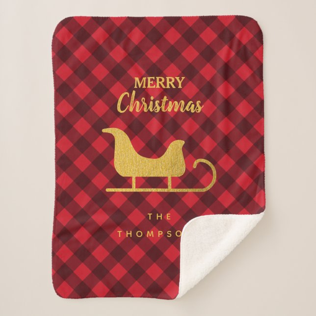 Manta Sherpa Navidades Red & Black Buffalo Plaid Santa Sleigh (Anverso)