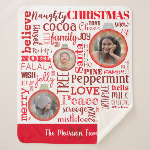 Manta Sherpa Navidades Red Family Photo Monogram Sherpa Blanket