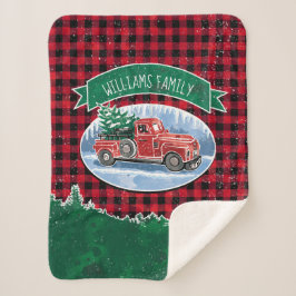 Manta Sherpa Navidades Red Vintage Truck Buffalo Plaid Add Name