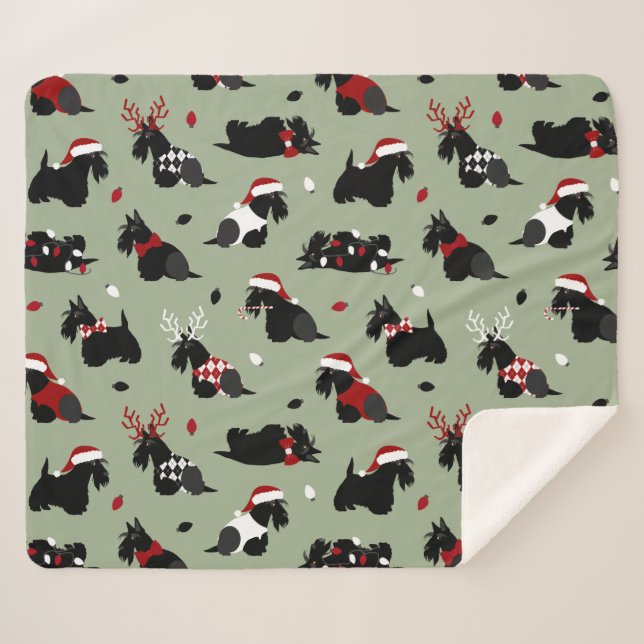 Manta Sherpa Navidades Scottish Terrier Green (Anverso (horizontal))