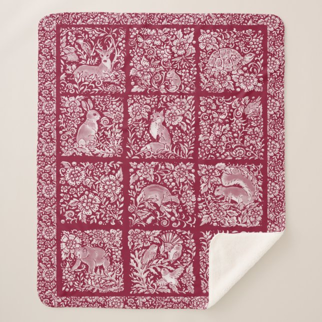 Manta Sherpa Navidades Woodland Animal Burgundy Deer Fox Rabbit (Anverso)