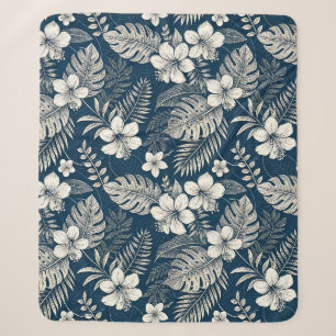 Manta Sherpa Navy Blue Hibiscus Monstera Tropical Botanical